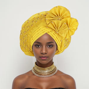 Chapeau Africain Populaire Femme 2025 en Gros, Turban de Fête Unique avec Perles et Fleurs, Gele Aso Oke Fait Main Uni pour Femme - Product Image 2