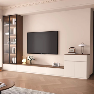 Meuble TV flottant en bois massif blanc crème sur mesure, style minimaliste moderne français, pour petit salon - Product Image 3