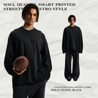 Nouvelle collection Automne/Hiver : T-shirt homme 100% coton, 275G, style vintage urbain, manches longues, ourlet roulé fendu, teint par pulvérisation, personnalisable pour usine de vêtements
