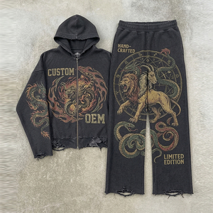 เสื้อฮู้ดดี้ผู้ชายทรงโอเวอร์ไซส์แบบสองชิ้น ผ้าหนา 400 GSM สไตล์วินเทจ ทำลายล้างแบบดิจิทัล พิมพ์ลายตามสั่ง OEM - Product Image 1