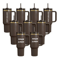 Gobelet isotherme à double paroi en acier inoxydable, brun foncé, chocolat et or H2.0 30oz 40oz avec poignée et tasse thermique à paille