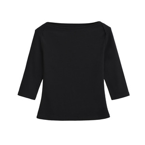 Nouveau T-shirt vintage d'automne à <span class=keywords><strong>col</strong></span> <span class=keywords><strong>bateau</strong></span> et manches trois-quarts, coupe ajustée, haut court pour femme - Product Image 2