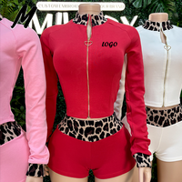 Set Dua Potong Motif Leopard Wanita - Jaket Resleting Hati dan Celana Pendek Pinggang Tinggi Pakaian Olahraga Wanita Kasual Logo Dapat Disesuaikan