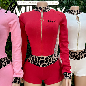 Completo <span class=keywords><strong>Due</strong></span> <span class=keywords><strong>Pezzi</strong></span> con Stampa Leopardata per <span class=keywords><strong>Donna</strong></span> - Giacca con Cerniera a Cuore e Pantaloncini a Vita Alta, Abbigliamento Sportivo Casual Femminile con Logo Personalizzabile - Product Image 4
