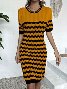 Custom OEM ODM Custom Cute Hollow Out <strong>Wavy</strong> <strong>Pattern</strong> Knitted Dress Women's Versatile Short Sleeve Slinky Dress - Product Image 3