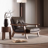 Fauteuil lounge vintage en bois massif avec coussin en cuir véritable pour balcon/salon, lecture et détente