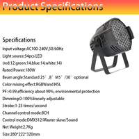 Projecteur PAR RGBW 180W, 54x3W LED, Stroboscope Électronique 1-25Hz, Gradation 0-100%, pour Mariages, Scènes et Décoration de Fêtes