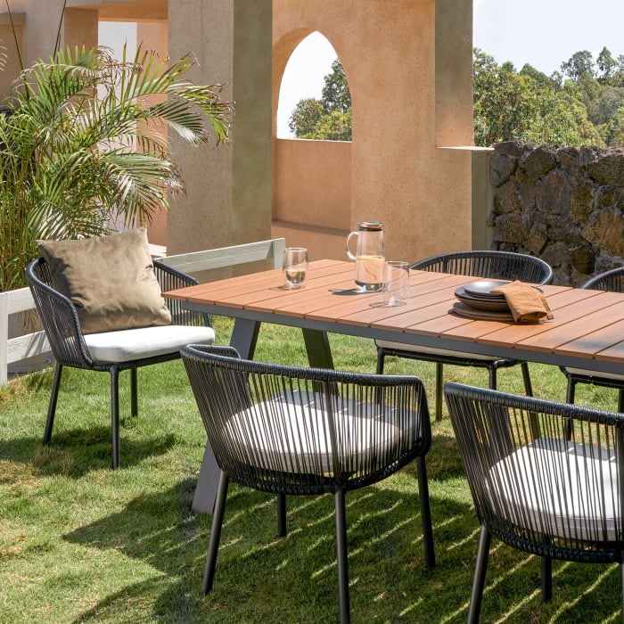 Simple design comfortable outdoor furniture hand-made thin woven rope solid wood garden armchair