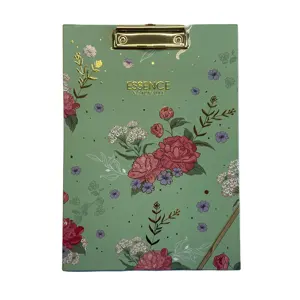 A4 Wholesale Custom Cold Gold Foiled Stamping Paper Padfolio Clipboard File Folder with Memo pad ESSENCE Green Flowers