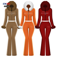 Ensemble de survêtement en velours pour femmes, personnalisé avec des strass, sweat à capuche en fausse fourrure zippé et pantalon évasé à rayures, vêtements d'hiver pour femmes