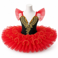 Robe de danse tutu rouge et noire à sequins, broderie dorée, corsage en V profond, jupe en tulle éclatante, costume de film/télévision