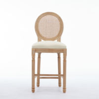Ensemble de 2 tabourets de bar en bois massif avec dossier en rotin et assise rembourrée beige pour comptoir de cuisine