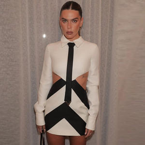 Rayon 2025 kadın kulübü parti önlük kokteyl elbiseleri Mini uzunluk uzun kollu Bodycon beyaz/siyah renk kravat-hollow kontrast - Product Image 1