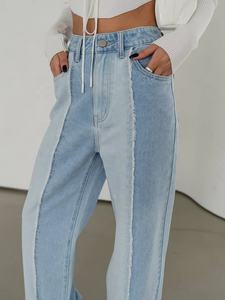Blue-Color Hem-Straight Jeans Breathable High-Waist Pockets Loose-Fit Color-block Patchwork Wide-Leg Denim Pants <b>Trouser</b> - Product Image 4