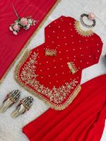 Baju Sharara Siap Pakai Buatan India Bahan Faux Georgette Pakaian Etnik Wanita Elastis Anti Kusut Bolak-Balik Cepat Kering