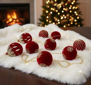 Boules de Noël suspendues bordeaux, boules de sapin en velours rouge, décorations floquées pour sapin de Noël - Product Image 3
