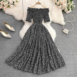 Gaun Chiffon Musim Panas Model Off-shoulder, Tanpa Lengan, Pinggang Ramping, High Waist, A-line, Elegan, Motif Bunga, Model Swing, Panjang, Grosir - Product Image 2