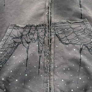 Pria Vintage Distressed Spider Web berlian imitasi grafis Zip-Up <span class=keywords><strong>Hoodie</strong></span> Streetwear kasual pas artistik 100% katun - Product Image 3
