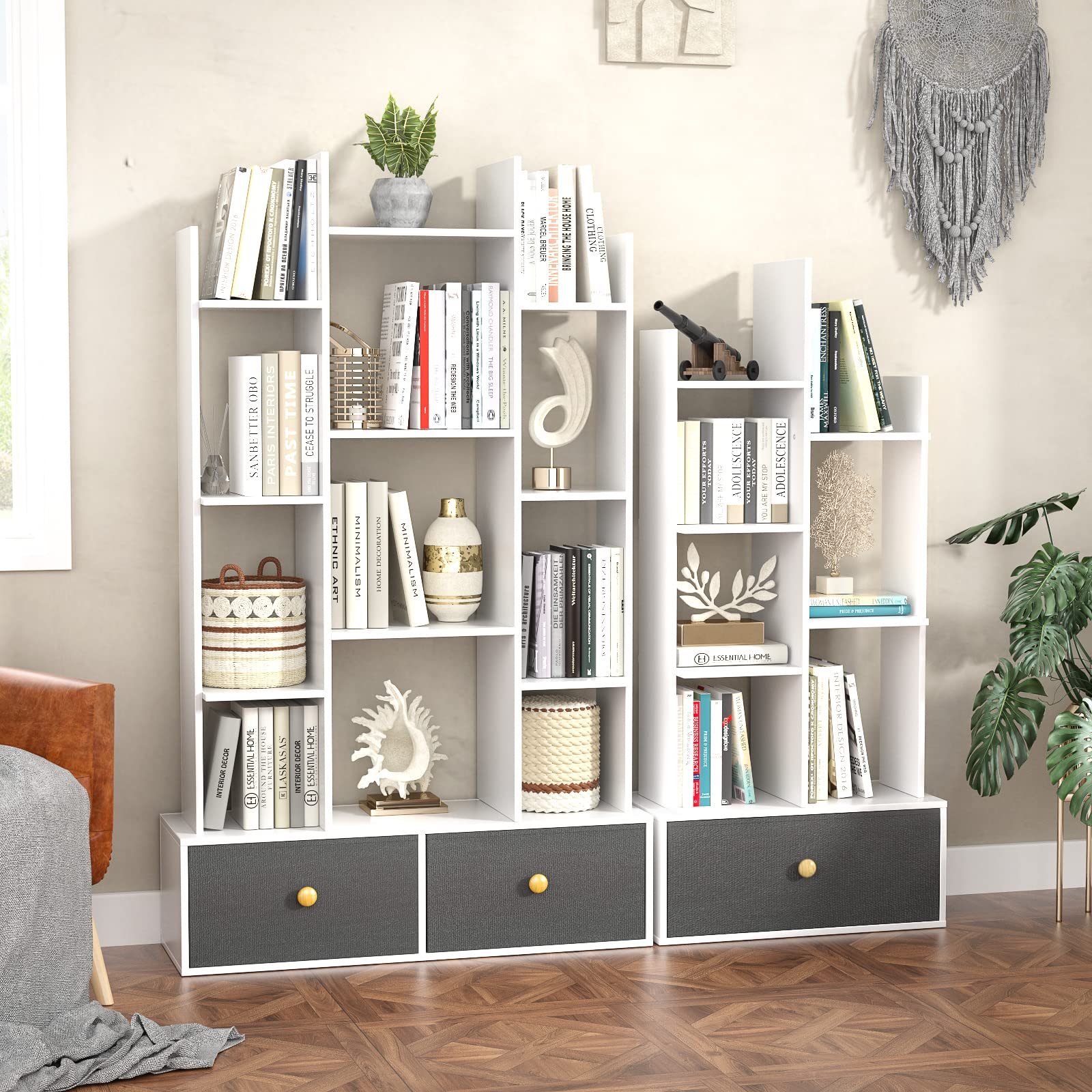 VIMBER 6-stöckiges Bücherregal Mit Schubladen – Hohes Regal Für Bücher, CDs, Deko, In Weiß