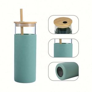 Gobelets en verre personnalisés en gros de 500 ml/600 ml/700 ml avec manchons de protection en silicone, couvercles en bambou et pailles sans BPA - Product Image 4