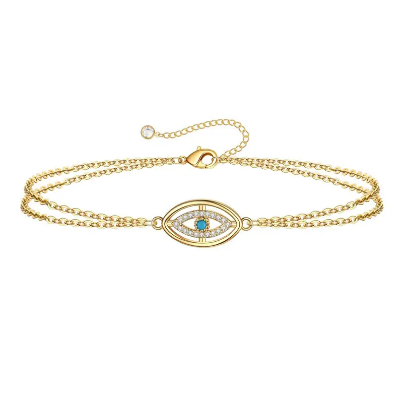 Abalorio de mal de ojo de doble capa de acero inoxidable chapado en oro de 14 quilates sin deslustre delicado con pulsera de circón, joyería para mujeres y niñas