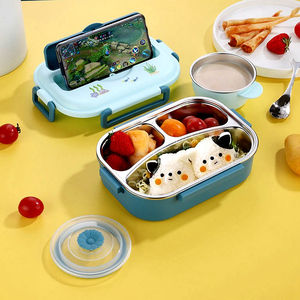 Atacado 3 apertos food grade segurança em aço inoxidável 304 cartoon tema fácil limpeza sopa tigela crianças bento lancheira para crianças - Product Image 3