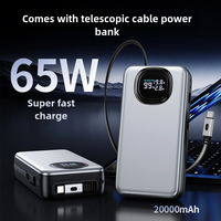 Chargeur rapide 65W avec logo personnalisé, batterie Li-polymère portable 20000 mAh, câble rétractable intégré, écran LED