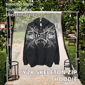 <span class=keywords><strong>Felpa</strong></span> <span class=keywords><strong>con</strong></span> Cappuccio Vintage Anni '90 <span class=keywords><strong>con</strong></span> Zip, Lavaggio Acido, Oversize, <span class=keywords><strong>con</strong></span> Design a <span class=keywords><strong>Scheletro</strong></span> e Stampa a Rilievo, Cappotto Invernale - Product Image 2