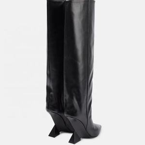 Strange Heels Women's Knee High Boots Fashion Pointed Toe Wedge Shaped Heel Long Booties Wide Fit Top <b>Shoes</b> - Product Image 6