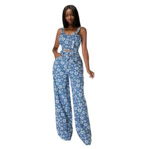 E0112TA38 Set Casual in jeans senza maniche Top corto con bottoni e pantaloni larghi in <span class=keywords><strong>Denim</strong></span> due pezzi per donna e moda - Product Image 1