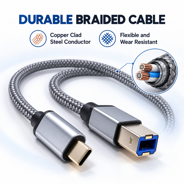 USB C USB B 2.0 Braided Cable for Epson for HP for Canon MacBook Pro Samsung for Printer Camera Microphone