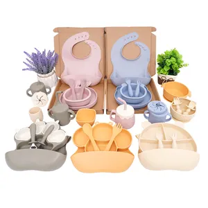 Wholesale Custom Weaning kids Dining With Bibs And Fork BPA Free Tableware Plate Bowl Suction Silicone Baby Feeding Set