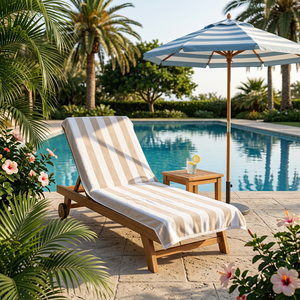 Tumbona de Madera de Teca con Cojín a Rayas, Silla de Piscina para Exteriores, Estilo Tropical, Diseño Reclinable Resistente para Uso en Hoteles y Apartamentos - Product Image 1