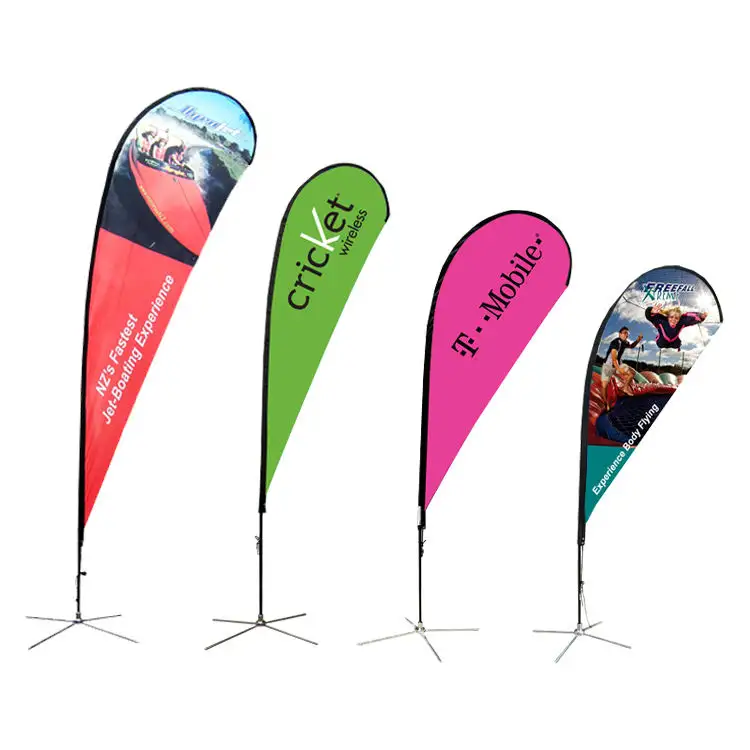 Yeni ürün açık reklam afişi standları özel Logo baskı Polyester kutup gözyaşı uçan plaj tüy bayrağı
