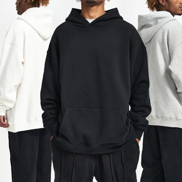 Cotton Oversized Plain Black Blank Pullover French Terry Custom Logo Thick Heavyweight Sweatshirts Streetwear Hoodies For Men
