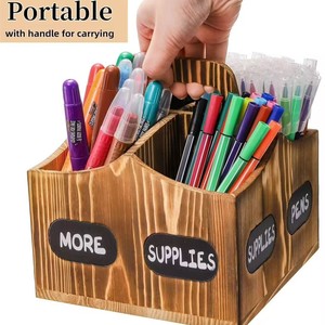 Estante de almacenamiento de suministros de arte de madera, soporte para lápices de 4 compartimentos con asa, organizador de escritorio para bolígrafos, crayones y marcadores - Product Image 1