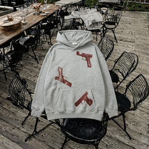 Sweat-shirt gris à capuche en coton et fibre de bambou, anti-plis, en polaire, col rond, imprimé pistolet, pour homme, vente en gros - Product Image 2