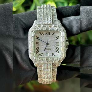 Baguette de lujo totalmente blanco Iced Out Moissanite Diamond banda de acero inoxidable con esfera Squire Sharp reloj para hombres - Product Image 1