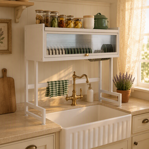 Égouttoir à vaisselle multifonctionnel pour évier avec armoire de rangement, crochets à couverts et support pour planche à découper - Product Image 2