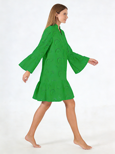 Robe Quotidienne Lavable Coupe Droite Silhouette Évasée en Coton Tricoté 100% Col V Manches Évasées Broderie Longueur Genou Taille Ample - Product Image 4