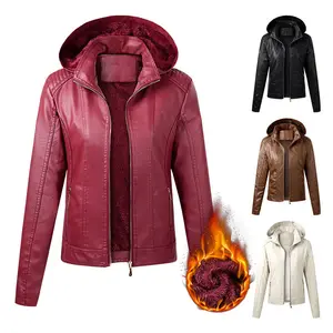 Modern Style Autumn/Winter Zipper Ladies Hoodie Leather Jacket Fleece Solid Color Pu Leather Women'S Warm Jacket