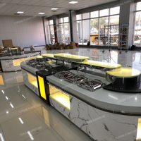 Comptoir de buffet moderne incurvé avec LED et surface solide en Korian pour les écoles, les restaurants et les hôtels