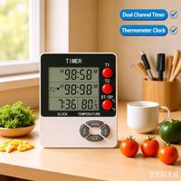2-Kanal Digitaler Küchentimer mit Doppel-Countdown, Zeit- und Temperaturanzeige, Lautem Alarm, Uhr und Magnet