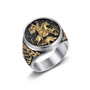 Saint George Dragon Slayer Knight <b>Ring</b> Titanium Steel Two-tone Gold Men's Fashion Jewelry Gift - Product Image 5