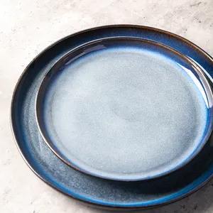 Juego de vajilla de cerámica de esmalte reactivo azul, platos de restaurante nórdicos, venta al por mayor de fábrica, 16 Uds.