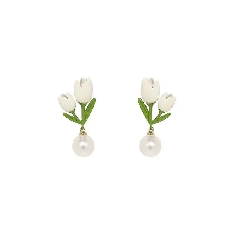 New S925 bạc kim Tulip hoa Baroque Bông tai ngọc trai cô gái ăn mặc sang trọng Bông tai bữa ăn tối