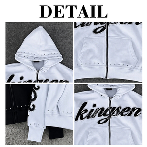 เสื้อฮู้ดดี้ผู้ชายแบบหนาพิเศษ 400gsm สไตล์สตรีทแวร์ ล้างสีแบบแอซิดวอช ซันเฟด ดีไซน์ขาดๆ ทรงบ็อกซี่ ครอป แต่งคริสตัล ซิปหน้า - Product Image 6