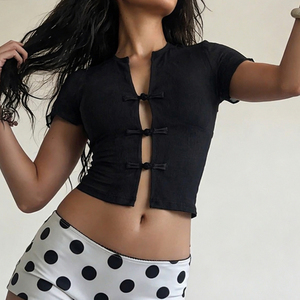 Camiseta corta de estilo chino para mujer, camiseta de manga corta lisa con botones de rana, camiseta informal de moda de verano - Product Image 1