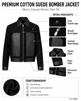 Blouson Bomber Homme en Coton et Daim Noir, Coupe Slim Premium, avec Logo Cristal Personnalisé sur le Devant, Style Décontracté Hiver, Contraste Universitaire