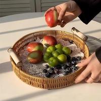 1 pièce en gros, panier de rangement rond en rotin PP tressé à la main avec finition laquée, pour la cuisine, la vaisselle, le pain, les fruits, les gâteaux et le service de dîner